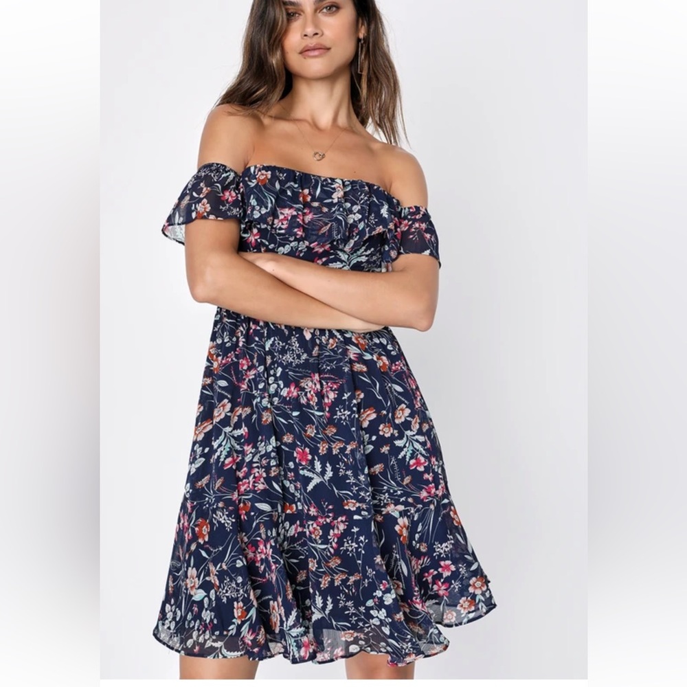 Lulus My Favorite Navy Blue Floral Print Off-the-Shoulder Dress